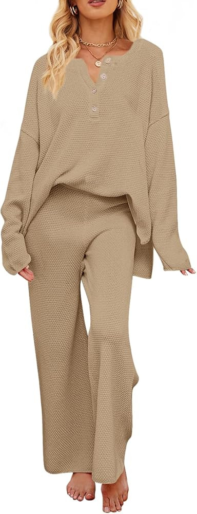 MEROKEETY Women's 2 Piece Outfit Sets Long Sleeve Button Knit Pullover Sweater and Pants Lounge Sets | Amazon (US)