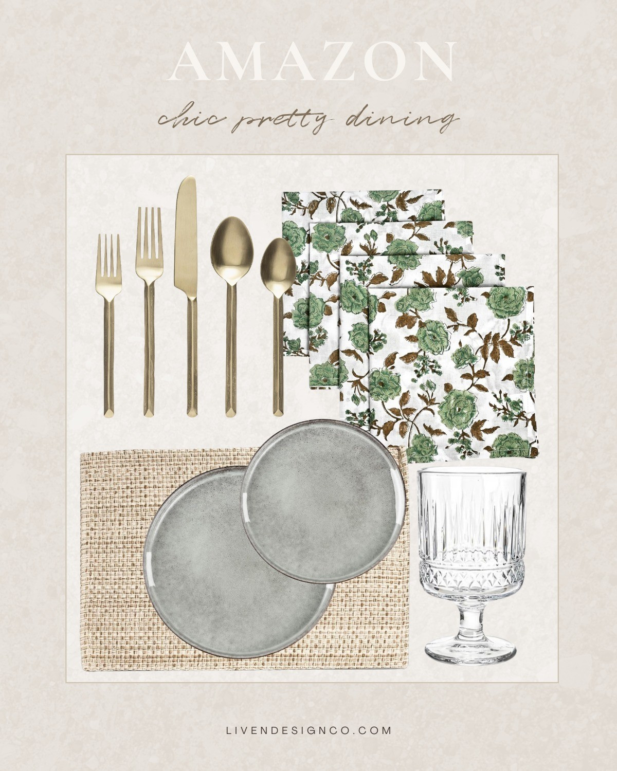 Amazon dining finds. Dining table. Tablescape. Table linens. Floral block print napkins. Stoneware dinnerware. Salad plates. Gold flatware. Goblets. Drinkware. Woven placemats 

#LTKSeasonal #LTKHome #LTKSaleAlert