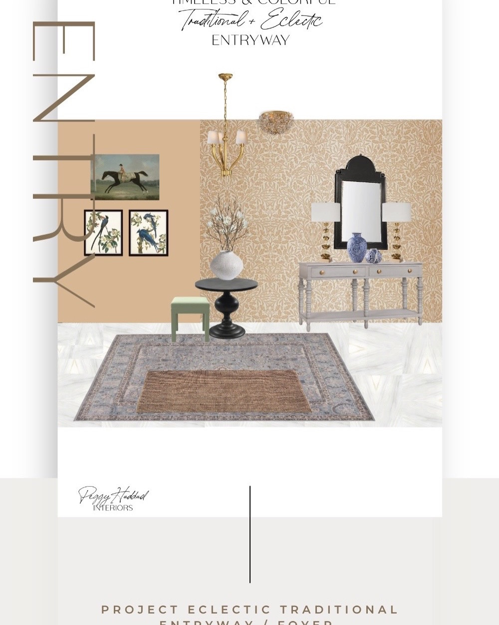 This is your reminder that traditional does not have to mean boring.

For this equestrian-inspired traditional home, we wanted the entry to set the tone from the moment you walk in: colorful, layered, collected, and full of personality.

The dramatic curved staircase stayed. The beautiful railing stayed. The family heirlooms stayed.

We simply gave everything a better conversation to be part of—with bold wallpaper, fresh paint, a herringbone stair runner, and a palette of peach, blue, green, and classic brass accents.

Design // @peggyhaddadinteriors 

#InteriorDesignProcess #DesignBoards #peggyhaddadinteriors #projecteclectictraditional #projectequestriantraditional entrywayinspo denverinteriordesigner