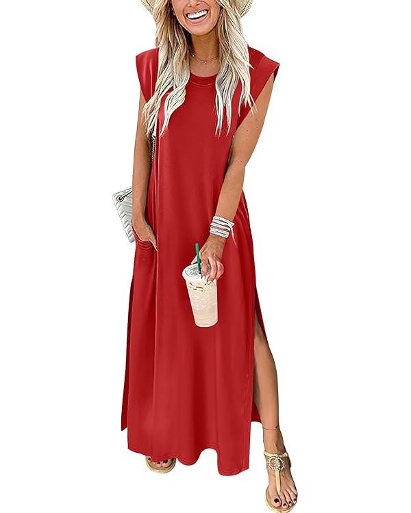 ANRABESS Womens Maxi Dresses 2025 Summer Casual Cap Sleeve Crew Neck Loose Split Beach Travel Lon... | Amazon (US)