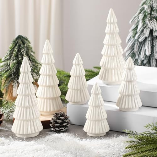 Leinuosen 6 Pcs White Ceramic Christmas Tree Figurines Porcelain Decorative Christmas Tree Xmas Holiday Centerpieces for Home Fireplace Mantel Desktop Tabletop Living Room Bedroom Cabinets | Amazon (US)