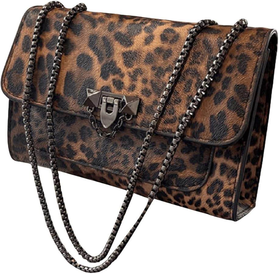 Women's Leopard Print Chain Shoulder Bag Metal Buckle Handbags Leather Clutch Purse | Amazon (US)
