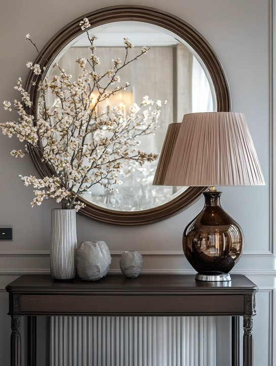 An elegant round mirror paired with a warm brown-and-beige table lamp is one of the simplest ways to instantly elevate a hallway, living room, or entryway. Styled on a clean, minimal console table, this combination adds depth, light, and quiet sophistication without overwhelming the space. The round mirror softens architectural lines and reflects natural light, while the neutral-toned lamp creates a warm, welcoming glow—both practical for everyday living and beautiful as decor. Finished with subtle accessories like sculptural objects or fresh branches, this setup creates a timeless first impression and proves that thoughtful styling at the entrance of your home sets the tone for everything beyond.
#entrywaydecor #consoletable #quietluxury 

 #LTKHome