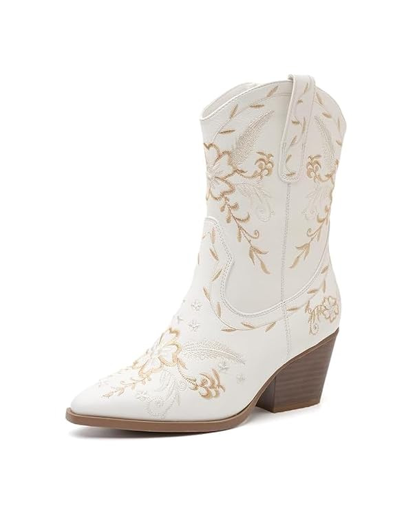 ANJOUFEMME Western Women's Cowboy Cowgirl Boots,Embroidered Round-toe Mid-calf Boots | Amazon (US)