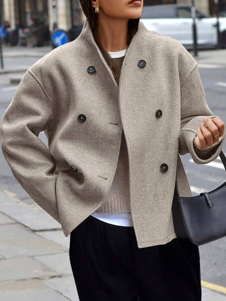 EMERY ROSE Plus Size Solid Color Vintage Double-Breasted V-Neck Long Coat, Women Warm Outerwear For Commuting, Autumn/Winter Fall Cloth For Women | SHEIN