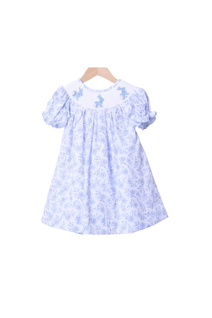 Smocked Blue Floral Bishop Bunny Bow Bubble Dress | The Smocked Flamingo