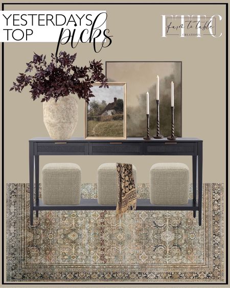 Yesterday’s Top Picks. Follow @farmtotablecreations on Instagram for more inspiration.

Loloi II Layla Printed Oriental Distressed Olive / Charcoal Area Rug. East Bluff Woven Drawer Console Table - Threshold designed with Studio McGee. Peasely Upholstered Pouf. 30"x30" Blurry Treetops Framed Wall Art Canvas Board - Threshold™ designed with Studio McGee. Vintage Summer Cottage Painting PRINTABLE Digital Download Wall Art. Deco 79 Antique Vase. Afloral Plum Stems. Easton Forged-Iron Taper Candleholder. Handmade handblock throw blanket. 

Loloi Rugs | Chris Loves Julia | console table | console table styling | faux stems | entryway space | home decor finds | neutral decor | entryway decor | cozy home | affordable decor |  | home decor | home inspiration | spring stems | spring console | spring vignette | spring decor | spring decorations | console styling | entryway rug | cozy moody home | moody decor | neutral home




#LTKFindsUnder50 #LTKHome #LTKSaleAlert