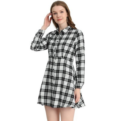 INSPIRE CHIC Women's Plaid Button Down Cotton Mini A-Line Shirt Dress White Small | Target