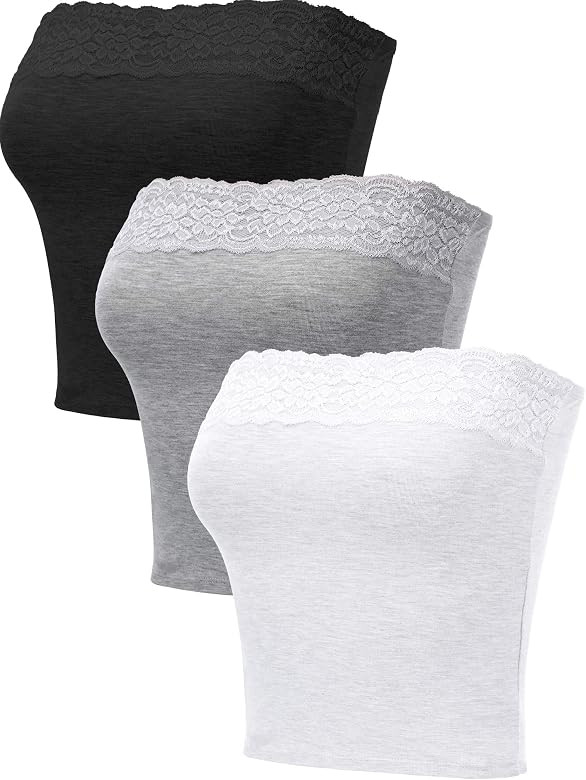 3 Pieces Women's Floral Lace Tube Top Bra No Pads Tube Bra Strapless Bras Seamless Stretchy Chest... | Amazon (US)