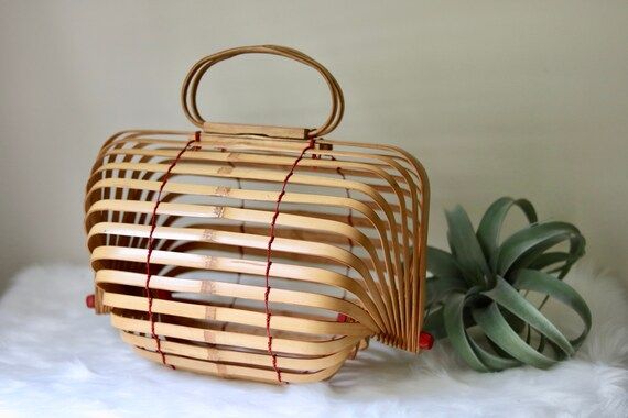 1960s Collapsible Bamboo Bag w/ Ann Taylor Geometric Scarf, Boho Wood Handbag, Lilleth Style - Cult  | Etsy (US)