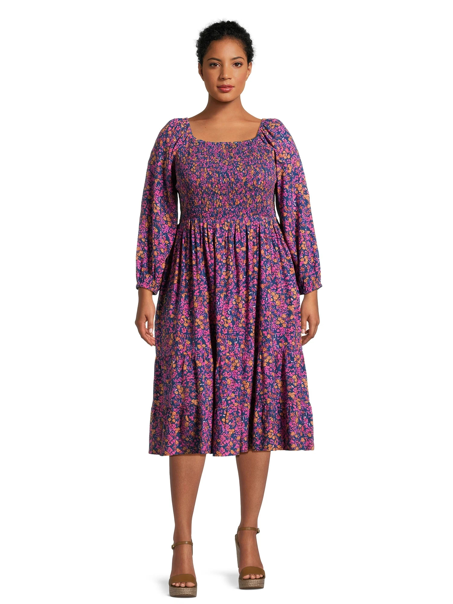 Terra & Sky Women's Plus Size Square Neck Smocked Dress | Walmart (US)