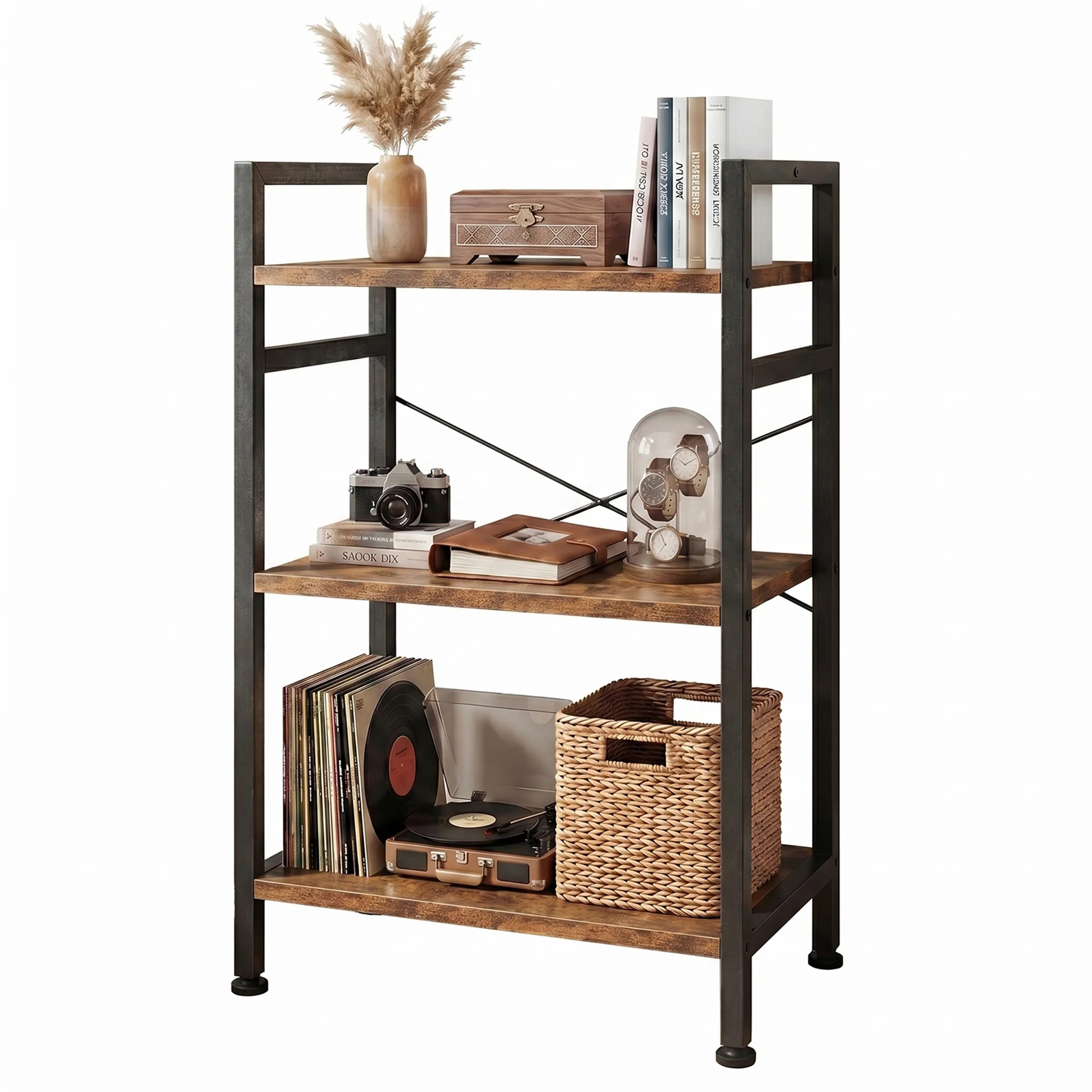 CONCETTA Bookshelf, 3-Tier Small Industrial Storage Shelf & Shelves, Metal Bookcase for Home Office, Living Room, Rust Brown - Walmart.com | Walmart (US)