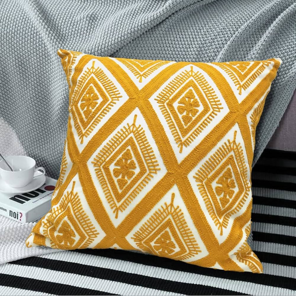 Embroidered Decorative Throw Pillow Cover 18"x18", Boho Geometric Modern Thick Embroidery Pattern... | Amazon (US)