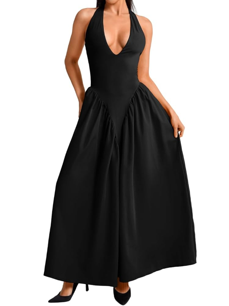 Deep V Neck Dress, Halter Maxi Dresses, Vacation Date Night, Sexy for Women Corset Flowy Wedding ... | Amazon (US)