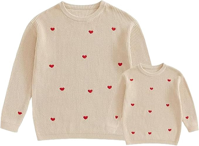 Mommy and Me Outfits Sweater Heart Print Embroidery Long Sleeve Crewneck Sweaters Matching Family... | Amazon (US)