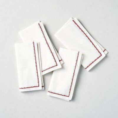 4pk Embroidered Border Napkin Set Red - Hearth & Hand™ with Magnolia | Target