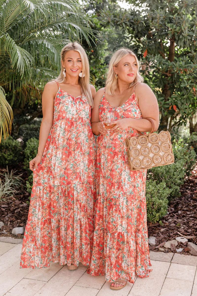 Sundance Garden Red Metallic Floral Maxi Dress | The Pink Lily Boutique