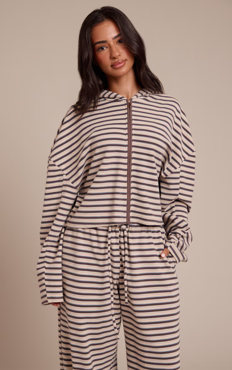 Petite Brown Striped Soft Fleece Zip Up Jacket | Petite | PrettyLittleThing US