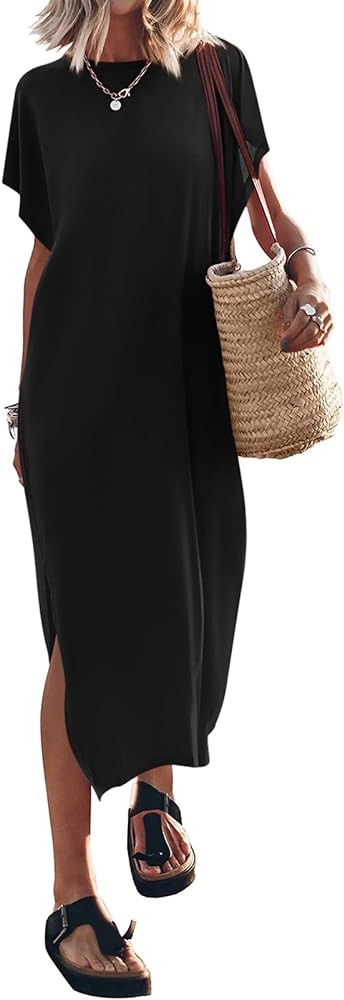 Yousify Women's Summer Maxi Dress T-Shirt Cap Sleeve Crewneck Casual Loose Slit Side Long Beach V... | Amazon (US)