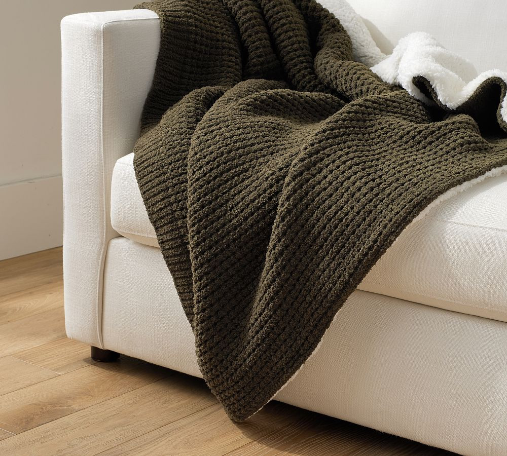 Open Box: Chenille Waffle Sherpa Back Throw, 50"" x 60"", Loden | Pottery Barn (US)