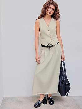 CIDER Women's Vest V Neck Sleeveless Linen-blend Work Blazer Vest Crop Button Suit Vest for Summe... | Amazon (US)