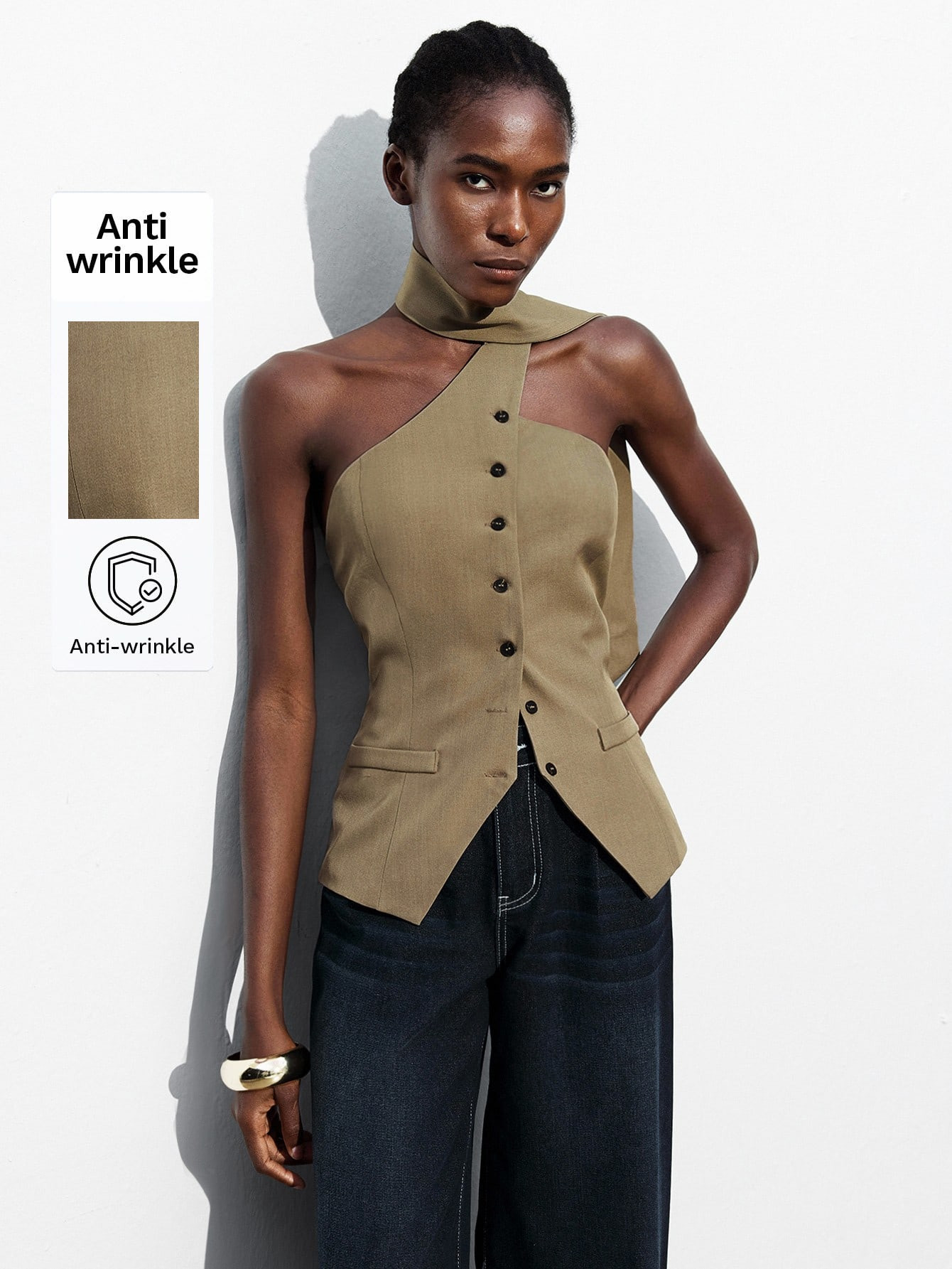 Maija 2026New Khaki Asymmetrical Cut Asymmetric Drape Neck Single-Breasted Women's Waistcoat, Modern Elegant For Party, Urban Commute, Outing, Date, Party, Concert, Stage Performance, Brunch, Airport, Summer Holiday St Patrick's Day Women Easter Summer Easter Party Beach | SHEIN