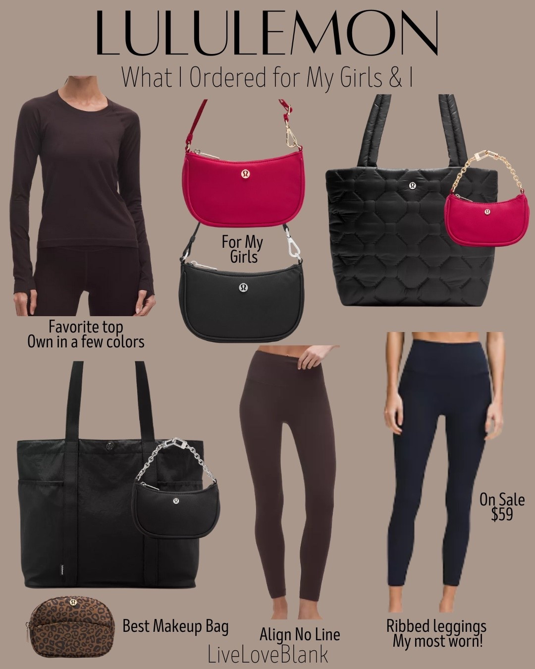 My Lululemon order for my girls and i!
Love these align ribbed leggings and wear them often!
Most worn top and leggings
Mini purses for my girls
Tote bags and bag charms 
Gifts for her 

#LTKOver40 #LTKSeasonal #LTKootd