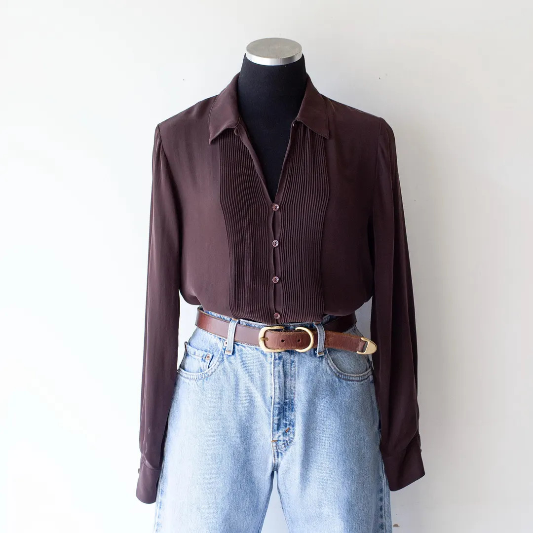 Vintage 1990s Brown Pleated Silk Shirt - Blouse | Etsy (US)