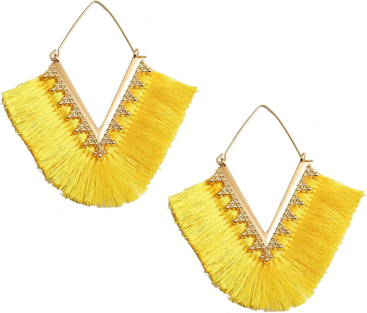 Statement Tassel Earrings, Delicate Bohemian V Shap Tassel Hoop Earring Elegant Fringe Drop Dangl... | Amazon (US)