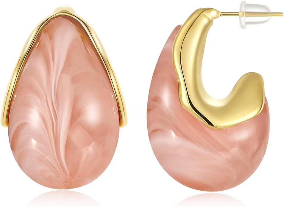 KissYan Acrylic Teardrop Earrings for Women, 14K Gold Plated Resin Chunky Hoop Earrings, Lightwei... | Amazon (US)