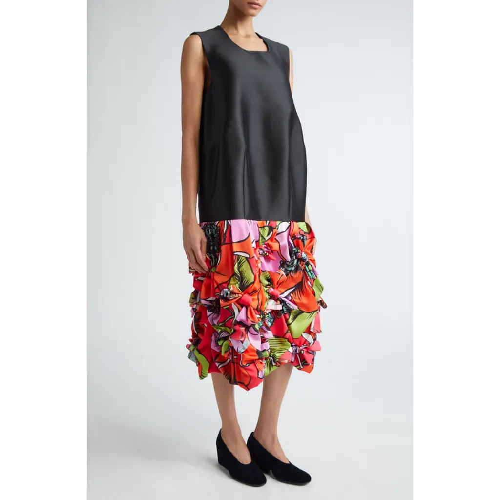 Comme des Garçons Floral Print & Bows Dropped Waist Satin Dress in Black /Multi at Nordstrom, Size Medium | Nordstrom