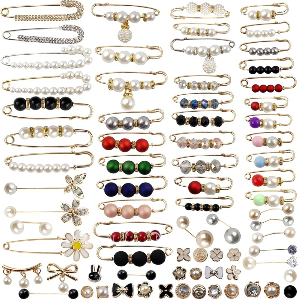 TIHOOD 75PCS Pearl Brooch,Pant Waist Tightener Safety Pin Double Faux Pearl Brooches for Women Gi... | Amazon (US)
