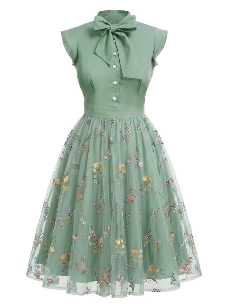 [Pre-Sale] Green 1950s Floral Patchwork Vintage Dress | Retro Stage