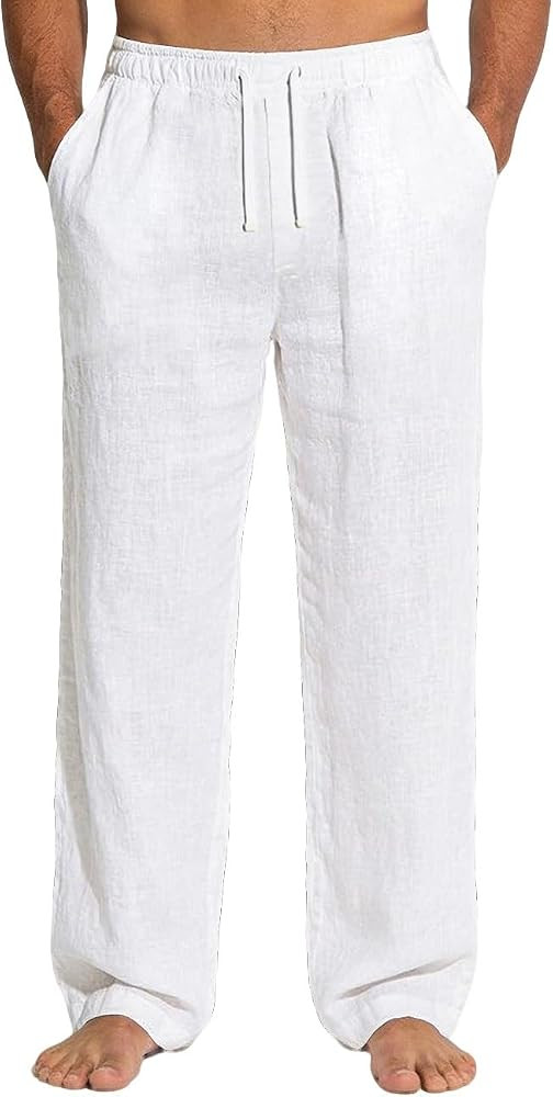 Mens Linen Pants Summer Beach Pants Casual Loose Fit with Waist Drawstring Lightweight Vacation C... | Amazon (US)