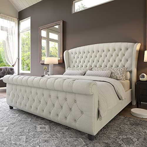 AMERLIFE Queen Size Platform Bed Frame, Chenille Upholstered Sleigh Bed with Scroll Wingback Headboard & Footboard/Button Tufted/No Box Spring Required/Cream | Amazon (US)