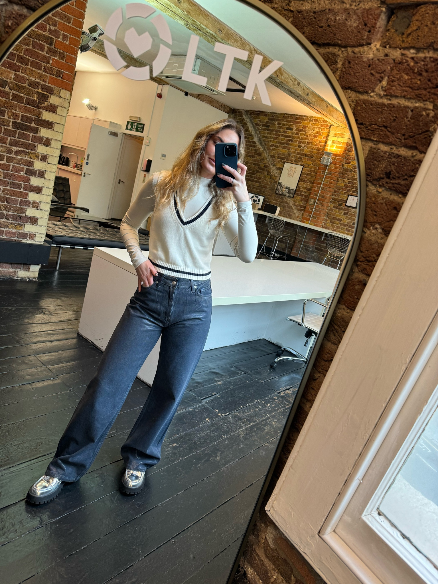 Aritzia sweater vest, basic turtle neck long sleeve top, Zara wide leg blue metallic jeans, metallic denim, silver chunky loafers, work outfit, casual fit, office look, disco vibe 

#LTKstyletip #LTKworkwear #LTKeurope