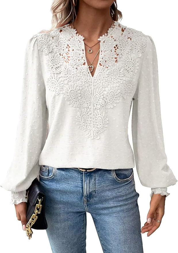 Womens Tops Swiss Dot Boho Long Sleeve Shirts V Neck Casual Chiffon Blouses Flowy Lace Hem Cute C... | Amazon (US)