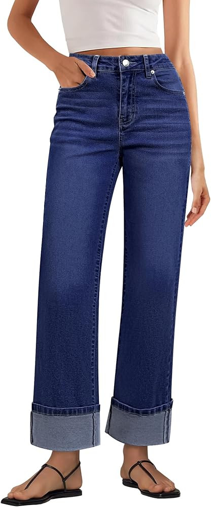 GRAPENT Wide Leg Jeans for Women Trendy High Waisted Cuffed Hem Stretchy Denim Trousers Pants Wor... | Amazon (US)