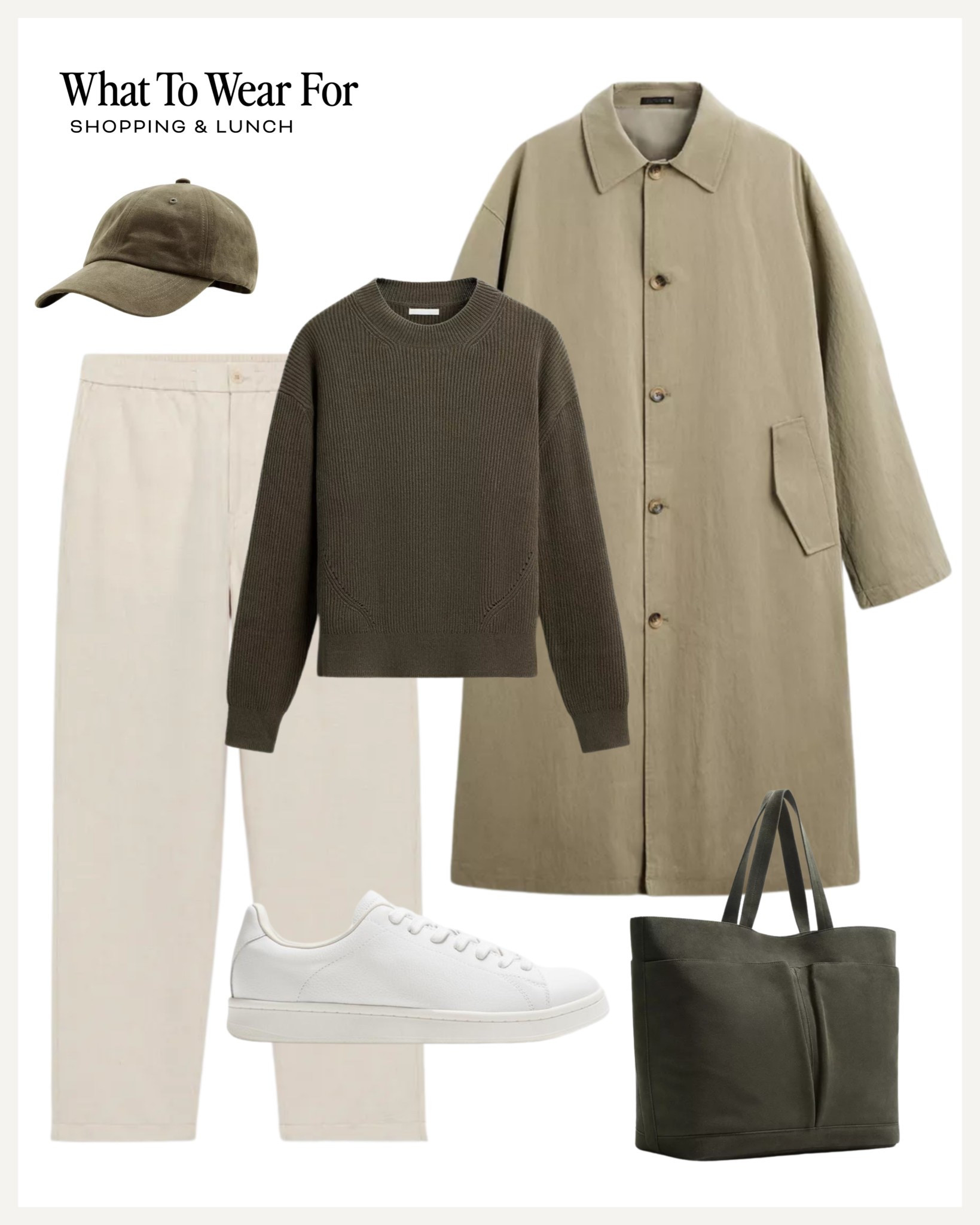 Men’s spring outfit idea 

Khaki style / linen trousers / menswear / trench coat / casual outfit / white trainers / leather tote bag / khaki cap 

#LTKuk #LTKspring #LTKmens