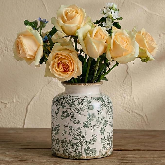 Vintage Chinoiserie Ceramic Vase, Ice Cracked Flower Vases, Hand-Painted Green Botanical Design f... | Amazon (US)