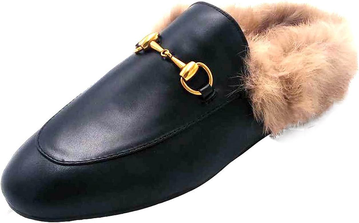 ENMAYER Women's Black Retro Fashion Loafers Round Toe Slip on Flat Outdoor Slippers with Furry an... | Amazon (US)