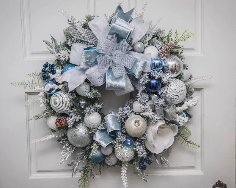 Ice Blue Christmas Wreath Silver White and Blue Glam - Etsy | Etsy (US)