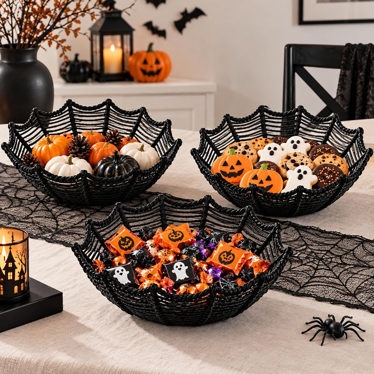 Qinyoung 3Pcs Halloween Candy Bowl, Rattan Spider Web Dish Home Table Decor | Amazon (US)