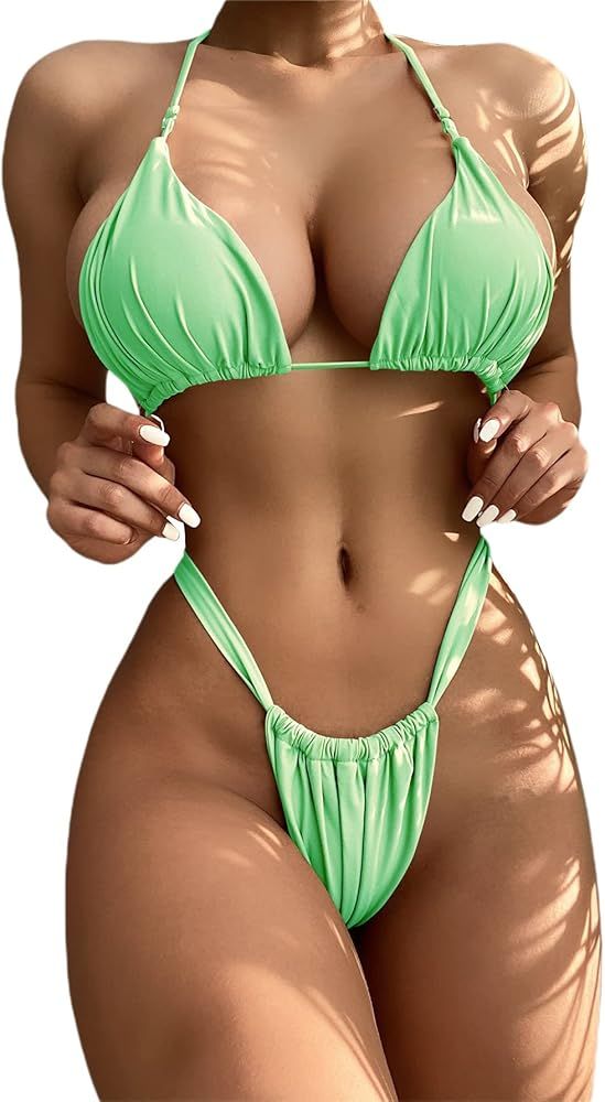 SheIn Women's Sexy 2 Pcs Ruched Triangle Bikini Bra with Thong Swimsuit Sets | Amazon (US)