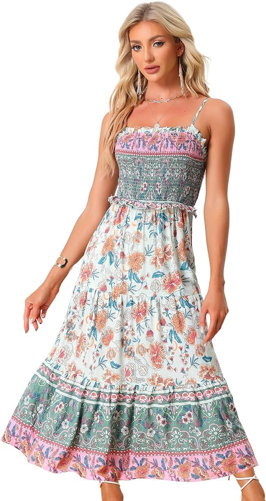 Allegra K Boho Floral Dresses for Women's Summer Spaghetti Strap A-Line Flowy Smocked Maxi Dress | Amazon (US)