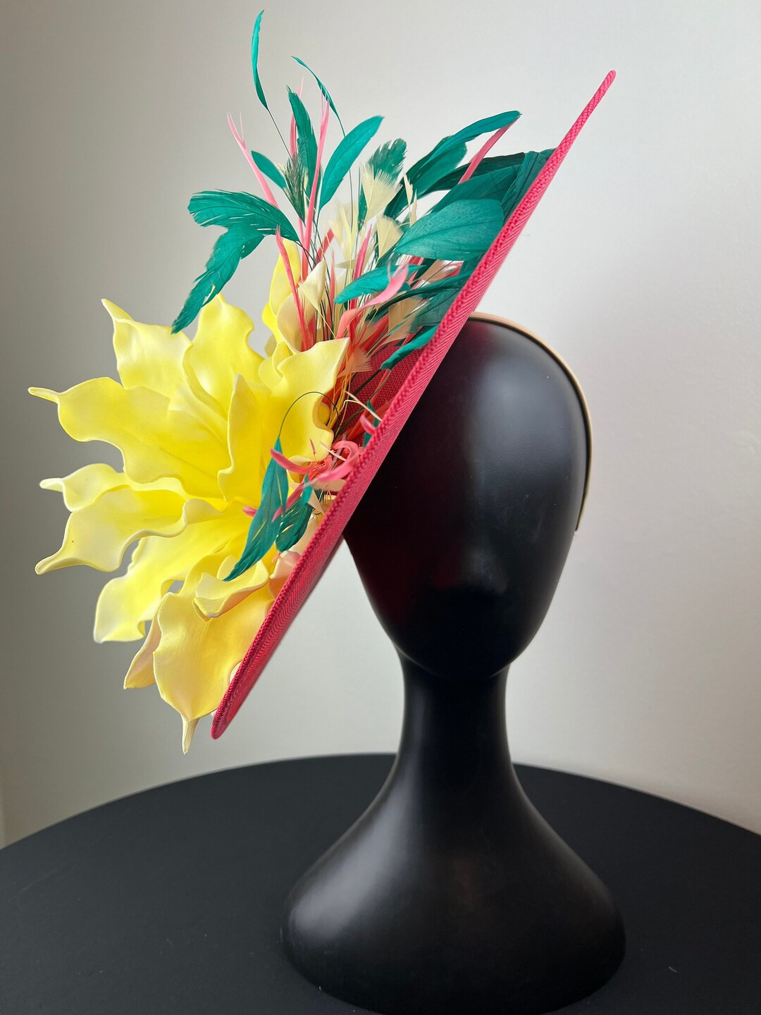 Coral Fascinator With Giant Yellow Flower and Coral, Yellow and Green Feathers paige - Etsy | Etsy (US)