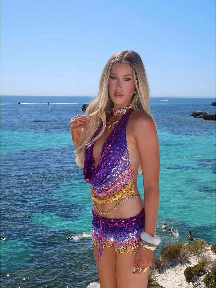 Y2K Women's Multi Color Sequin Splicing Tank Top - Sleeveless Backless Halter Neck Slimming Tank Top, Suitable For Dance, Clubs, Concerts, Travel, Vacation, Daily Life | SHEIN