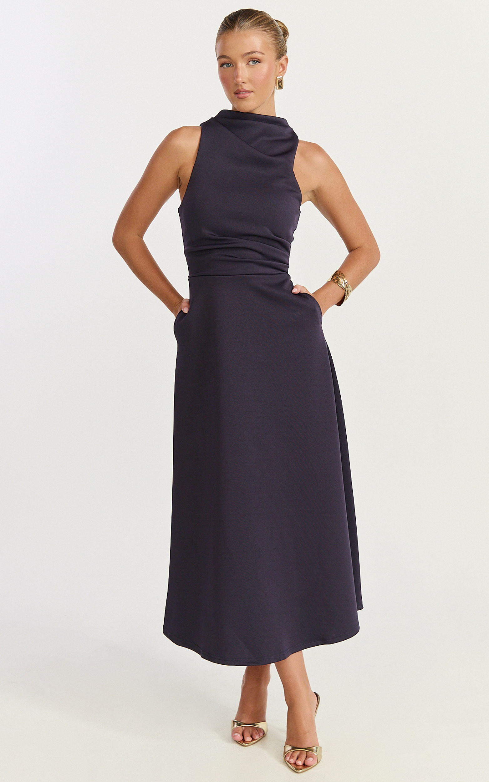 Macy Midi Dress - High Neck A Line Dress in Navy | Showpo (ANZ)