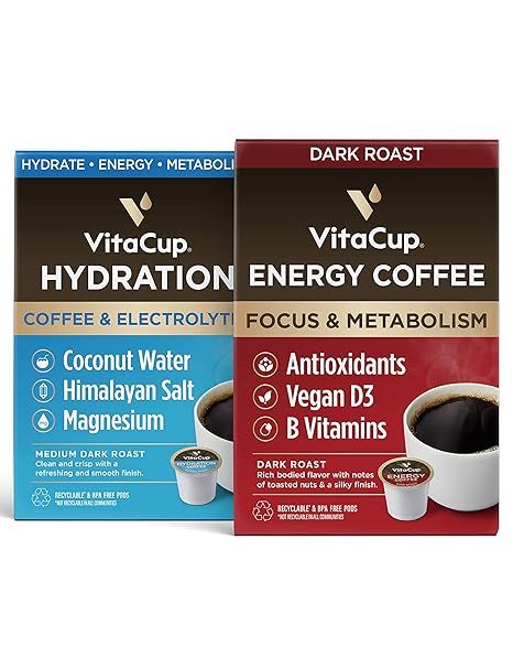 VitaCup Hydration Coffee Pods w/Electrolytes, Coconut Water, Medium Roast 18ct & Energy Dark Coff... | Amazon (US)