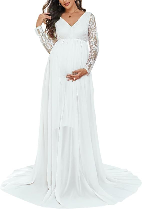 ZIUMUDY Maternity V Neck Chiffon Photography Gown Long Sleeve Lace Stitching Maxi Dress for Baby ... | Amazon (US)